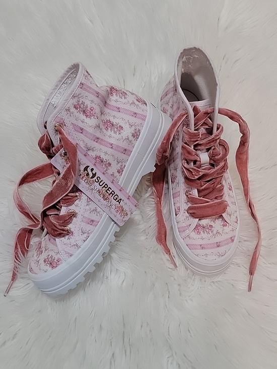 LoveShackFancy Shoes - Pink Floral High-Top Sneakers with Velvet Laces